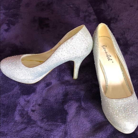 Shoes - Rhinestone silver heels with platform